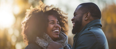 Portrait of happy african american couple embracing in autumn parkの素材