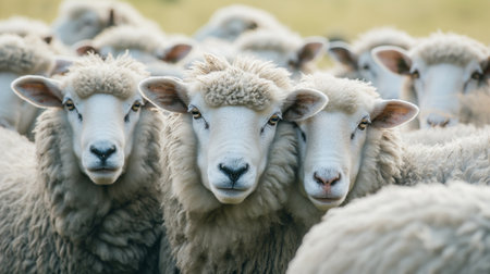 Flock of sheep in a field, close-up.の素材