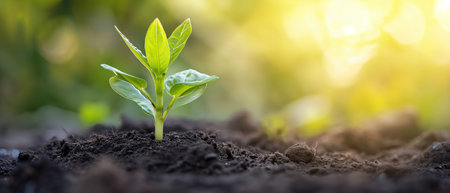 Green seedling growing in soil on blurred green background with bokehの素材