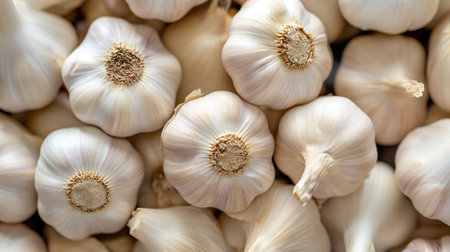 Garlic bulbs background. Top view of fresh garlic bulbs background.の素材