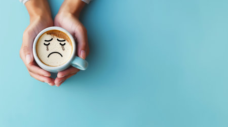 Coffee cup with sad face on blue background, top viewの素材