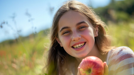 Portrait of a smiling little girl with red apple in the fieldの素材