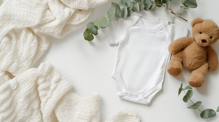 White baby bodysuit, teddy bear and eucalyptus branches on white backgroundの素材