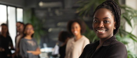 Portrait of african american businesswoman smiling at camera in officeの素材