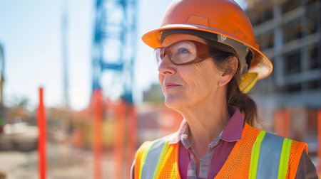 Portrait of mature female engineer on construction site. Focus on womanの素材