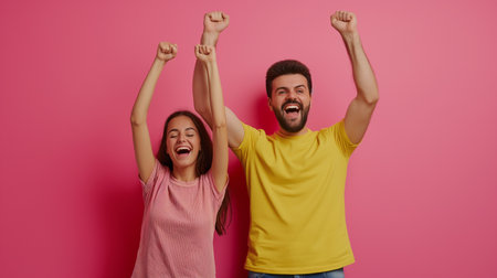 Excited young couple celebrating success, raising hands up, isolated over pink backgroundの素材