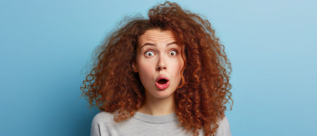 shocked young woman with curly hair looking at camera on blue backgroundの素材