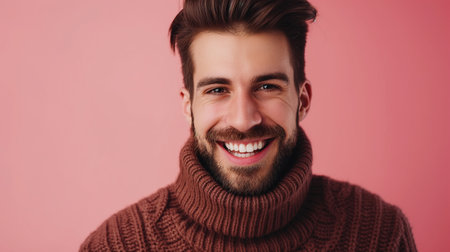 smiling young man in winter sweater looking at camera isolated on pinkの素材