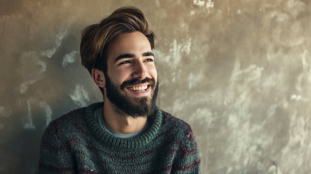 Handsome young man with beard in a knitted sweater.の素材
