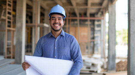 Portrait of a male architect holding blueprints at a construction siteの素材