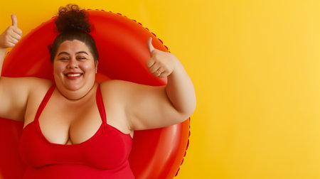 Plus size fat woman wearing red swimsuit and holding a lifebuoy with thumb up on yellow backgroundの素材