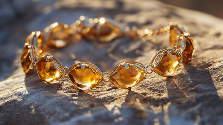 Beautiful golden bracelet on a stone background. Selective focus.の素材