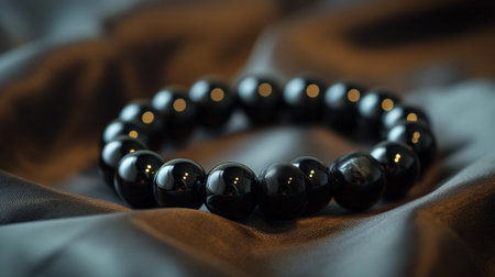 Bracelet made of black glass beads on the background of fabricの素材