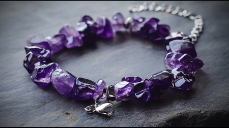 Amethyst Bracelet on a black background. Selective focus.の素材