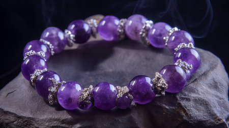 Bracelet made of amethyst on a dark background with smokeの素材