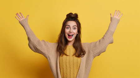 Portrait of excited girl in knitted sweater rejoicing success, raising hands up and looking at camera with wide open mouth, isolated over yellow backgroundの素材