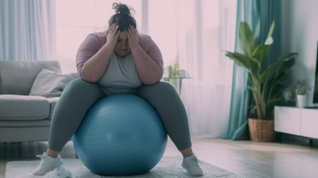 Exhausted young woman sitting on fitness ball in the living roomの素材