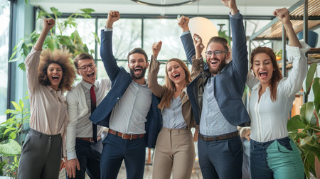 Group of happy business people celebrating success in office. Business success concept.の素材