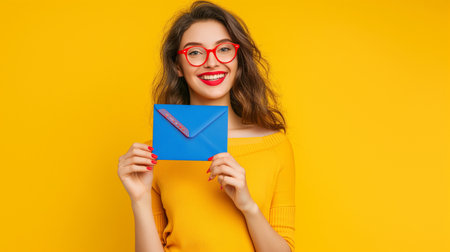 Cheerful young woman in eyeglasses holding envelope with letter on yellow backgroundの素材