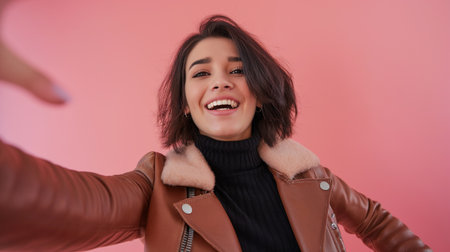 Portrait of a beautiful young brunette woman in a brown jacket on a pink backgroundの素材