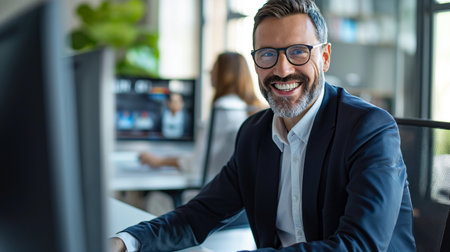 Portrait of smiling businessman sitting at desk in office. Businessman wearing glasses and smiling.の素材