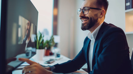 Handsome young man in suit and eyeglasses is using a computer and smiling while working in officeの素材