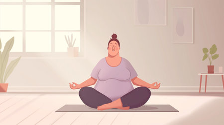 Fat woman practicing yoga at home. Vector illustration in flat style.の素材