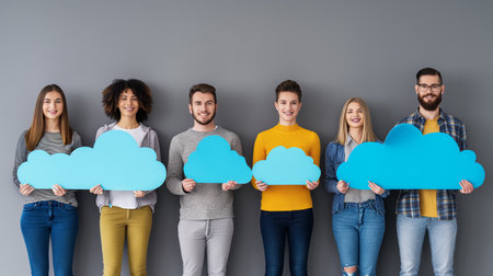 people, technology, cloud computing and internet concept - group of smiling friends with blue cloud icons over gray backgroundの素材