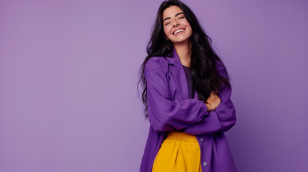 happy young woman in violet coat and yellow skirt laughing isolated on purpleの素材