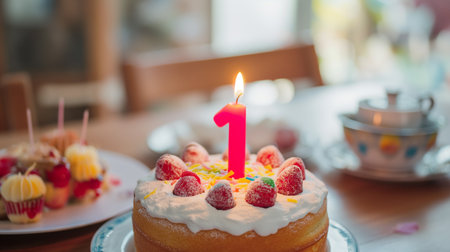 Birthday cake with number one candle and cup of tea on tableの素材