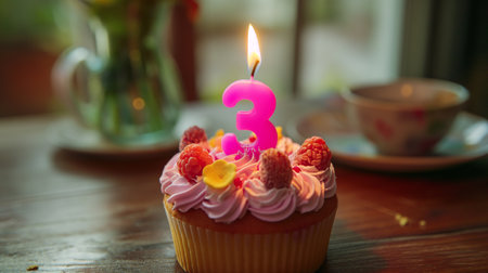 birthday cupcake with number 3 candle and cup of coffee on wooden tableの素材