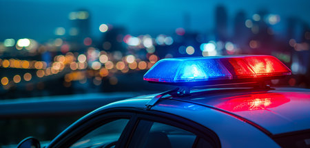 Police car with blue flashing light on the background of the city.の素材