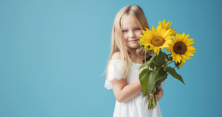 Cute little girl with sunflower bouquet on blue background.の素材