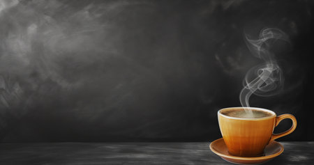 Coffee cup with smoke on blackboard background, copy spaceの素材