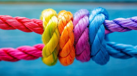 Colorful rope on blue background. Selective focus and shallow depth of field.の素材