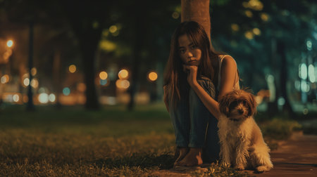 Beautiful young Asian woman sitting with her dog in the park at nightの素材