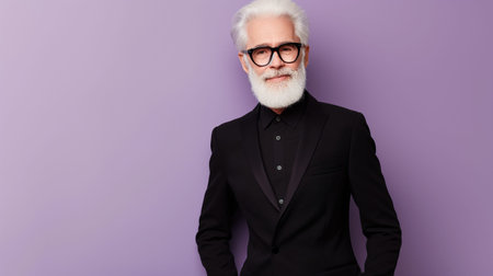 elderly man in black suit and eyeglasses on purple backgroundの素材