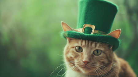 Cute ginger cat wearing leprechaun hat with green backgroundの素材