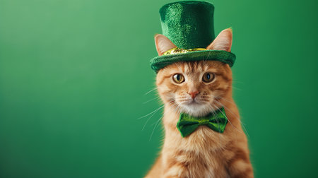 Funny ginger cat in green hat and bow tie on green backgroundの素材