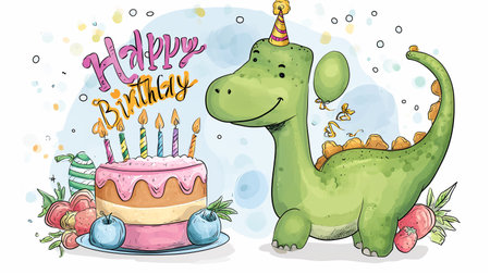 Happy birthday greeting card with cute dinosaur and cake. Vector illustration.の素材