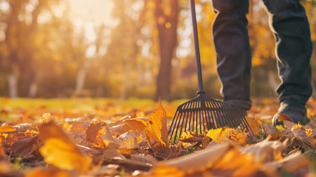 Man cleaning fallen leaves with a rake in the autumn park. Selective focus.の素材