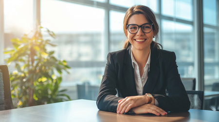 Portrait of smiling businesswoman in eyeglasses sitting at table in officeの素材