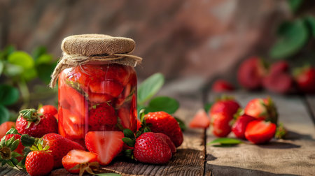 Strawberry jam in a jar on a wooden background. Selective focus.の素材