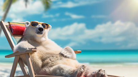 Polar bear in sunglasses relaxingchair on tropical beach.の素材