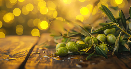 Green olives with leaves on a wooden table and bokeh backgroundの素材