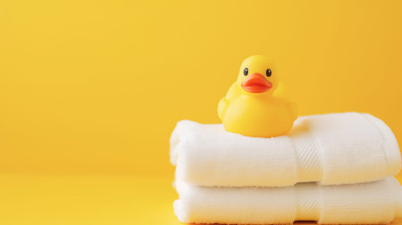 Yellow rubber duck on a stack of white towels on a yellow backgroundの素材