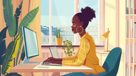 Young african american woman working on computer at home. vector illustrationの素材