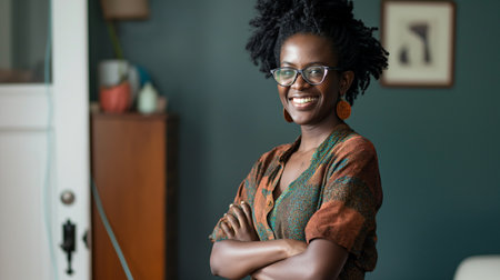 Beautiful young African woman with afro hairstyle and glasses smilingの素材