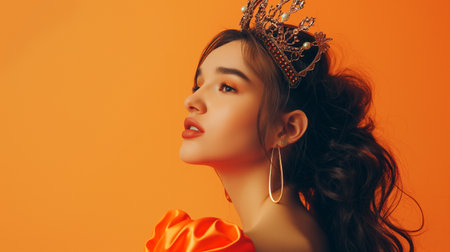 Portrait of a beautiful girl in a crown on a yellow backgroundの素材