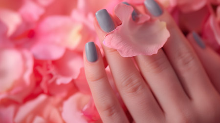 Female hands with blue nail design. Nail polish manicure.の素材